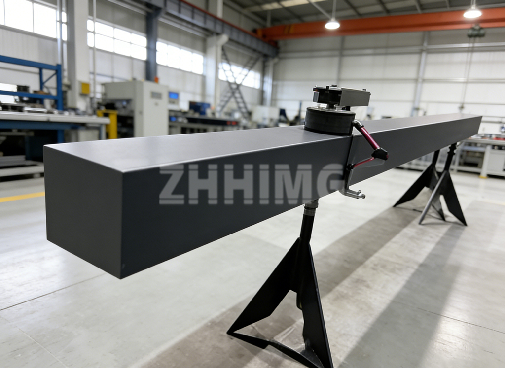 Long granite air bearing beam with carriage assembly on support stands in the workshop