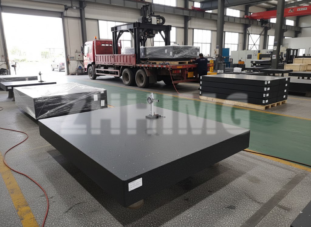 Finished black granite surface plates packed for shipment in the factory