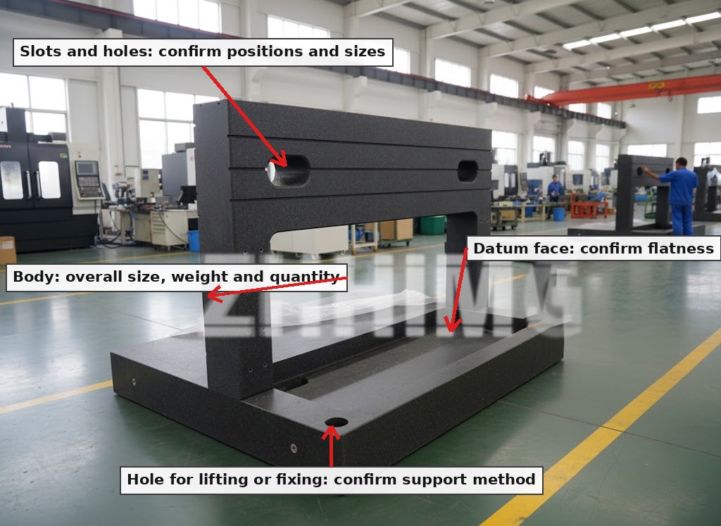 Custom granite machine base with annotations showing what to confirm in an RFQ: slots and holes, datum face, overall size, lifting hole and support method