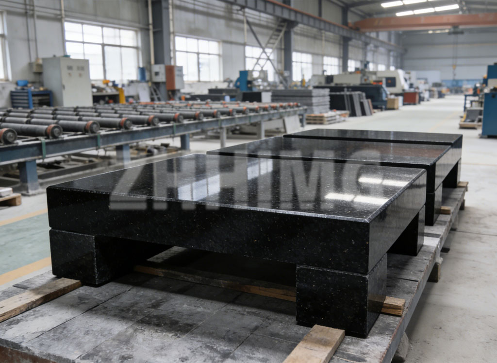 Black granite machine bases in the workshop after insert machining, ready for inspection and packing