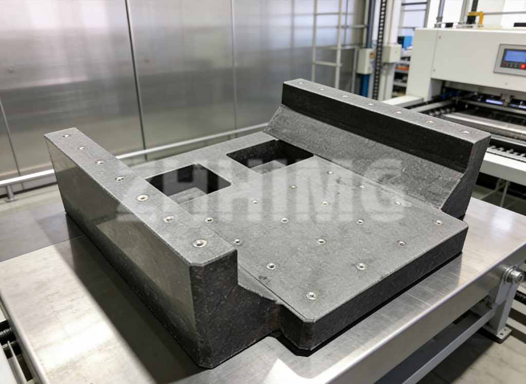 granite vs cast iron vs mineral casting machine base - mineral casting base with threaded inserts on the production floor