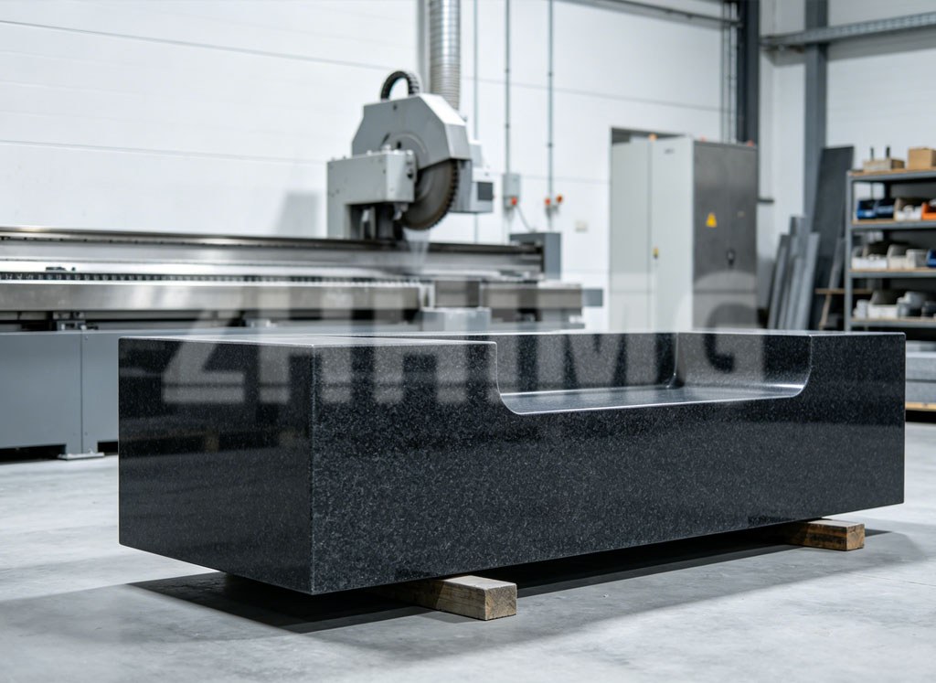 Large black granite surface plate with machined step profile in the workshop