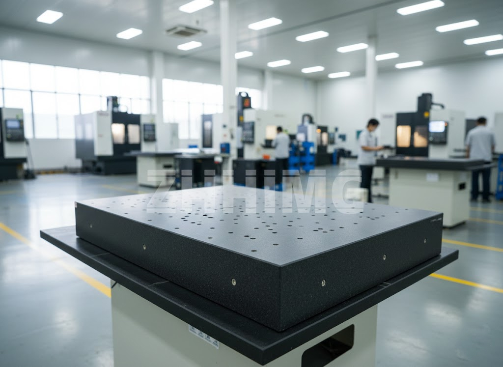 granite surface plate grades - machined black granite plate with inserts on steel stand in ZHHIMG factory