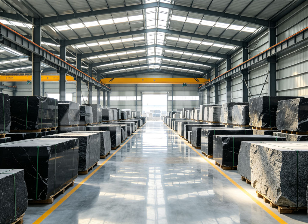 ZHHIMG granite raw material warehouse with selected black granite blocks