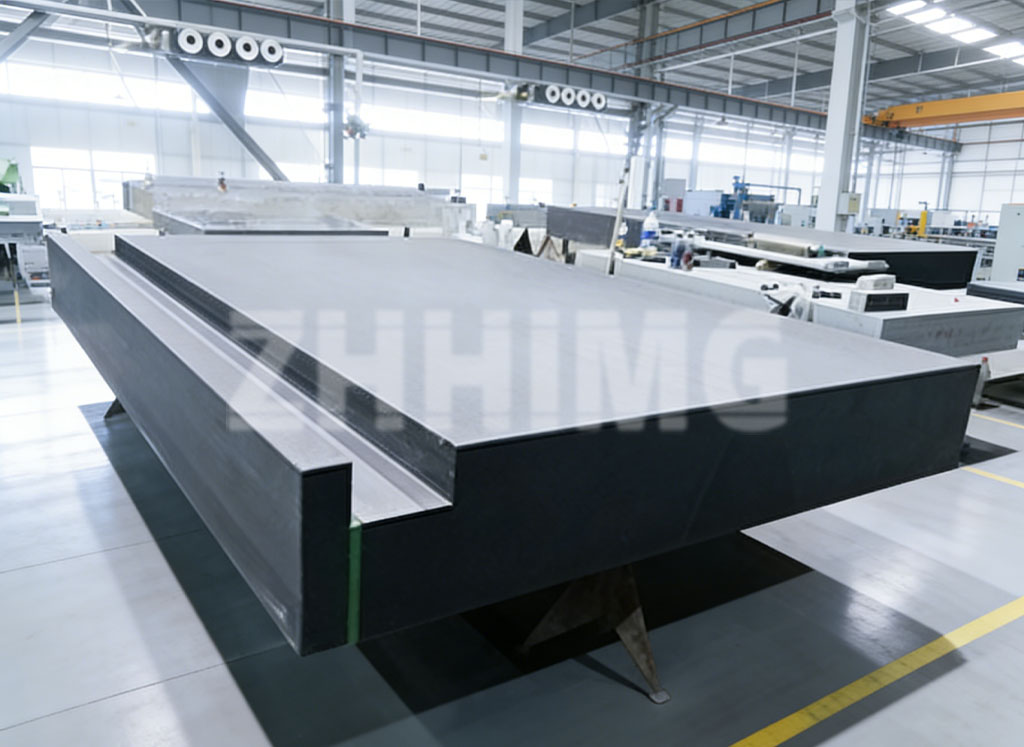 Large stepped granite machine base under fabrication in the factory