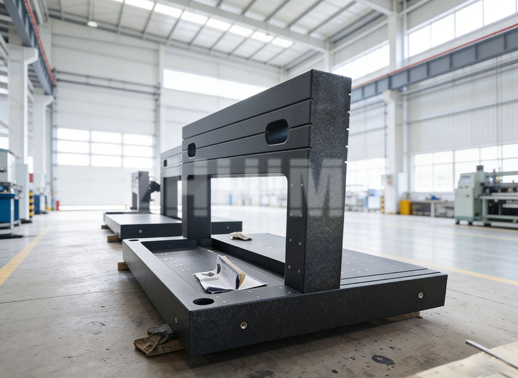 Granite base and column assembly waiting for final flatness and squareness inspection in the ZHHIMG workshop