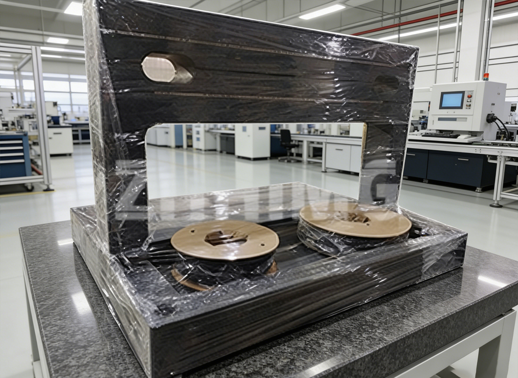 Granite machine frame and precision components staged for final metrology checks at the ZHHIMG workshop