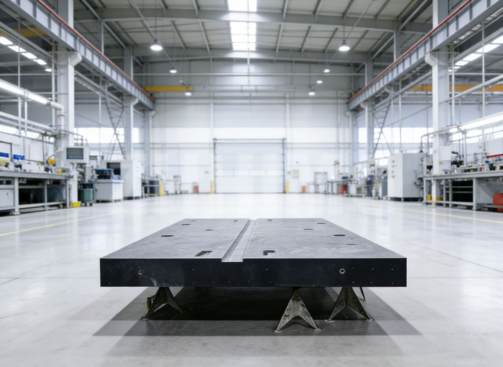 Granite surface plate resting on three-point jack supports in a workshop