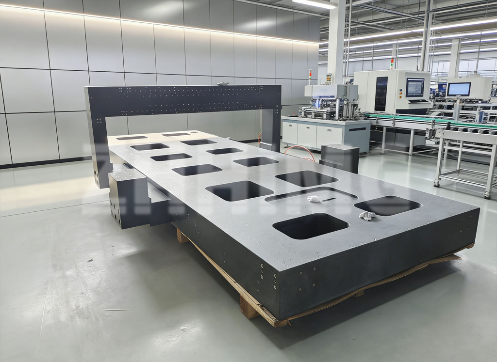 Large machined granite base with milled pockets and threaded inserts for semiconductor equipment