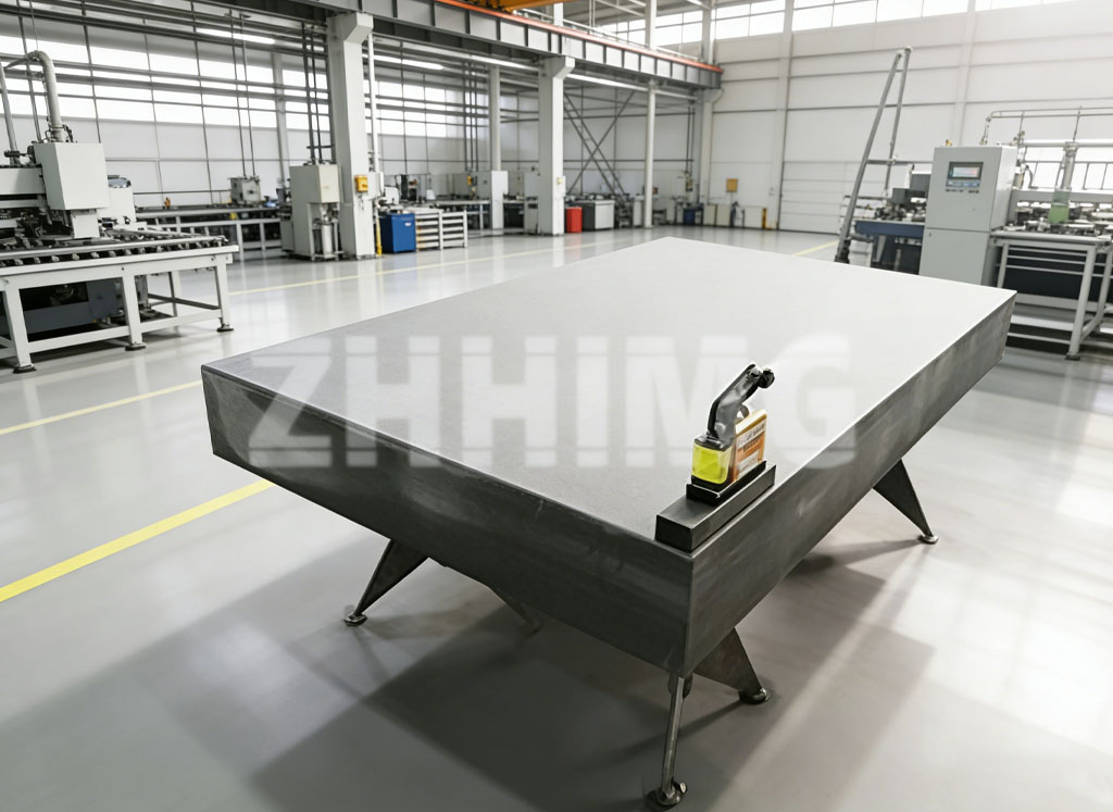 Large black granite surface plate with leveling instruments at the ZHHIMG factory